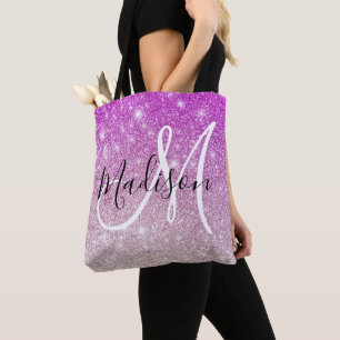 Bolsa Tote Feminino & Glam Nome Monograma com Brilho Roxo