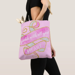 Bolsa Tote Feminino Rosa Bege Dourado Brilho Coração