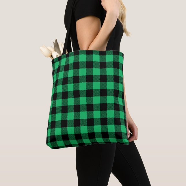 Bolsa Tote Feriado de Gingham em Buffalo Verde e Negro (Close Up)