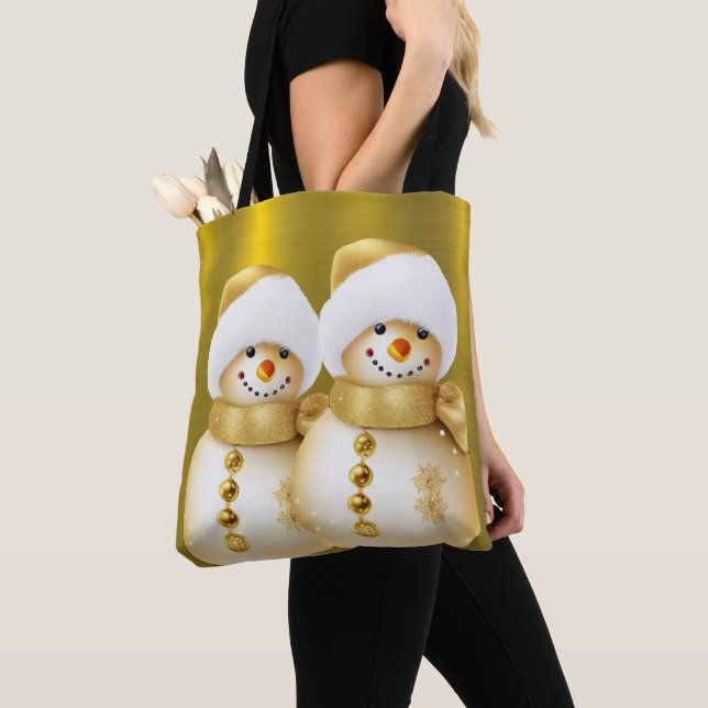 Bolsa Tote Feriado de inverno Dourado Snowman (Close Up)