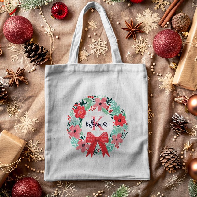 Bolsa Tote Feriado de Natal monograma Fresco Vermelho Cor-de- (Criador carregado)