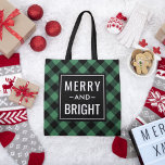 Bolsa Tote Feriado em feliz e Xadrez Verde Moderna Brilhante<br><div class="desc">O presente de Natal sazonal / saco de totes apresenta design de tipografia moderna "Feliz e Brilho" com fundo verde esmeralda e xadrez de búfalos pretos com padrão.</div>