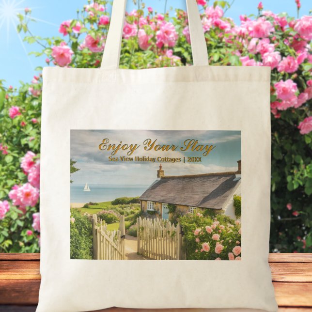 Bolsa Tote Feriado Página inicial Férias Cabina Alugueira Fot (A stylish tote bag to customize with your own photo and text, to publicise your vacation rental)