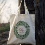 Bolsa Tote Feriados Felizes em Pinecone Tree Wreath<br><div class="desc">Bandeja de Tote de Feriado de inverno Pine Tree com Texto Personalizado. Para uma personalização mais avançada deste design,  clique no BOTÃO FERRAMENTA DESIGN AZUL. Itens correspondentes também estão disponíveis.</div>