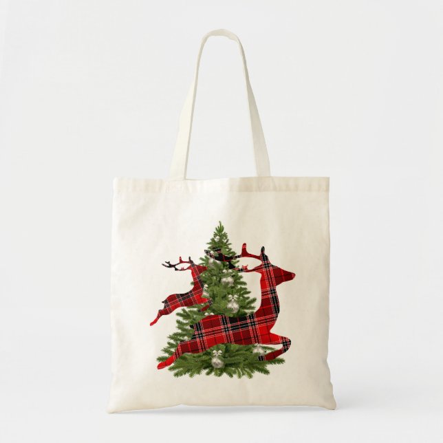 Bolsa Tote Feriados Verdes da Árvore de Natal Red Reindeer (Frente)