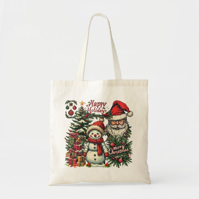 Bolsa Tote Férias Felizes com Papai Noel e Boneco de Neve em  (Frente)