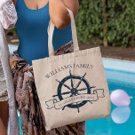 Bolsa Tote Férias Náuticas De Rodas De Cruzeiro Da Família Pe<br><div class="desc">Um presente de tote de férias de verão personalizado para seu cruzeiro de praia no oceano com um volante azul marinho de barco. Esta design náutica é perfeita para bolsas de reunião de família que combinam com a classe para comemorar a viagem especial. Personalize com seu sobrenome e ano.</div>