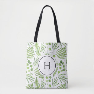 Bolsa Tote Ferns de Aquarela e Monograma do Padrão Eucalyptus