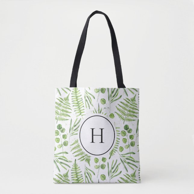 Bolsa Tote Ferns de Aquarela e Monograma do Padrão Eucalyptus (Frente)