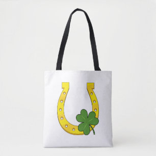 Bolsa Tote Ferradura de Ouro Sortudo com Shamrock em Branco