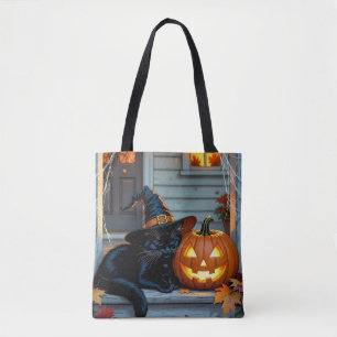 Bolsa Tote Festa de Abobrinha de Halloween do Gato Preto