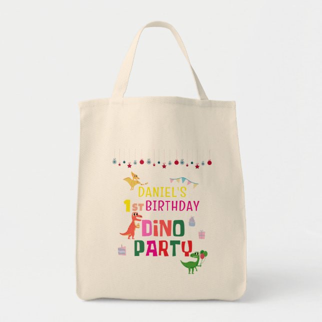Bolsa Tote Festa de Aniversário Infantil de Dinossauro Dino M (Frente)