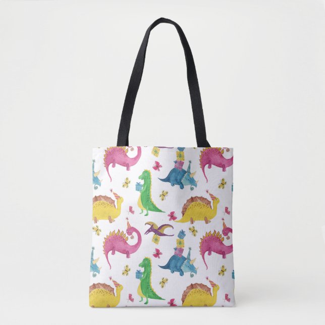 Bolsa Tote Festa de dinossauro: padrão de aquarela. (Frente)