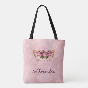 Bolsa Tote Festa de Monograma de Gatinho Rosa Esbranquiçado
