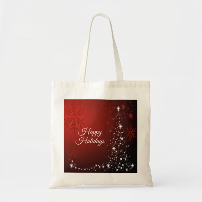 Bolsa Tote Festa de Natal White Stars Tree Red Snowflakes (Frente)
