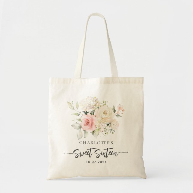 Bolsa Tote Festa Personalizada de Aniversário Floral Cor-de-R (Frente)