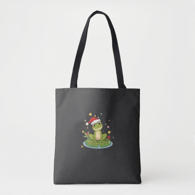 Bolsa Tote Festive Frog Joy - Cute Christmas Frog on Lily Pad (Frente)