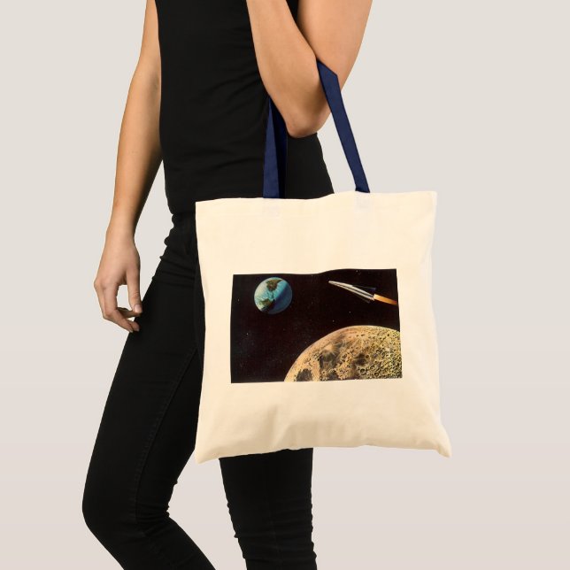 Bolsa Tote Ficção Científica Vintage, Nave Espacial Sobre a L (Frente (produto))