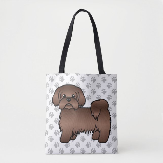 Bolsa Tote Fígado Brown Shih Tzu Cute Cartoon Cão e patas (Frente)