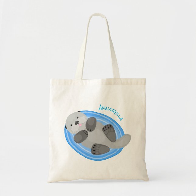 Bolsa Tote Figura de desenho animado azul-lontra do mar feliz (Frente)