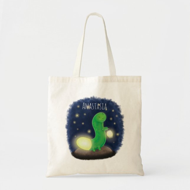 Bolsa Tote Figura de desenho animado do verme verde-claro (Frente)