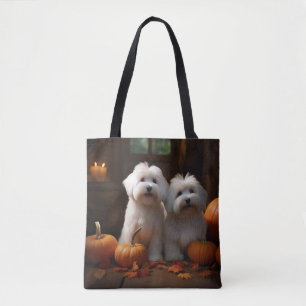 Bolsa Tote Filhote de Coton De Tulear Delícia de Outono Abóbo