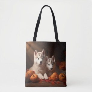 Bolsa Tote Filhote de Husky Siberiano Delícia de Outono Abóbo