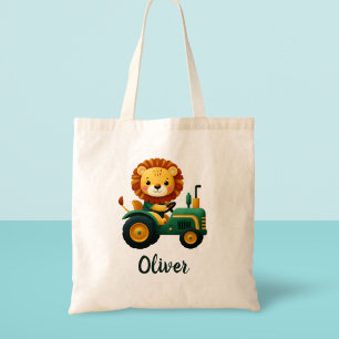 Bolsa Tote Filhote de Leão Fofo em Trator Verde Encantador