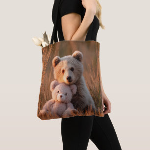 Bolsa Tote Filhote de Urso Bonitinho Abraçando um Ursinho de