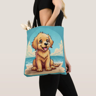 Bolsa Tote Filhote Dourado Fofo em Cena de Praia Ensolarada