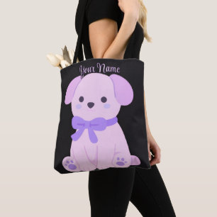 Bolsa Tote Filhote Sentado Laço Roxo Fofo Kawaii Personalizad