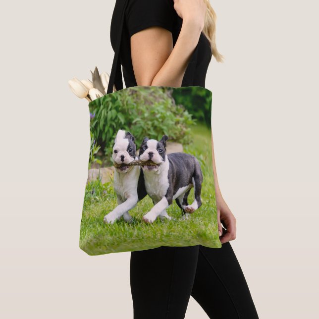 Bolsa Tote Filhotes engraçados de Boston Terrier brincando - (Close Up)