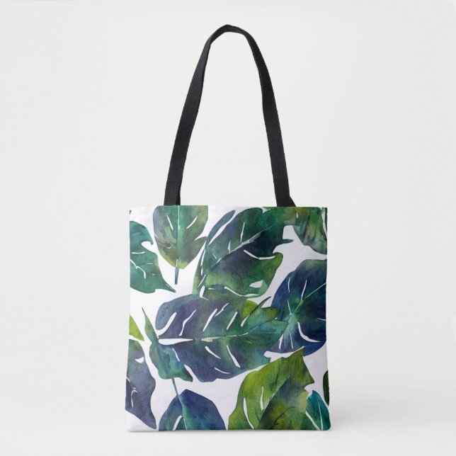 Bolsa Tote Filodendron Botânico de Folhagem Verde e Azul (Frente)