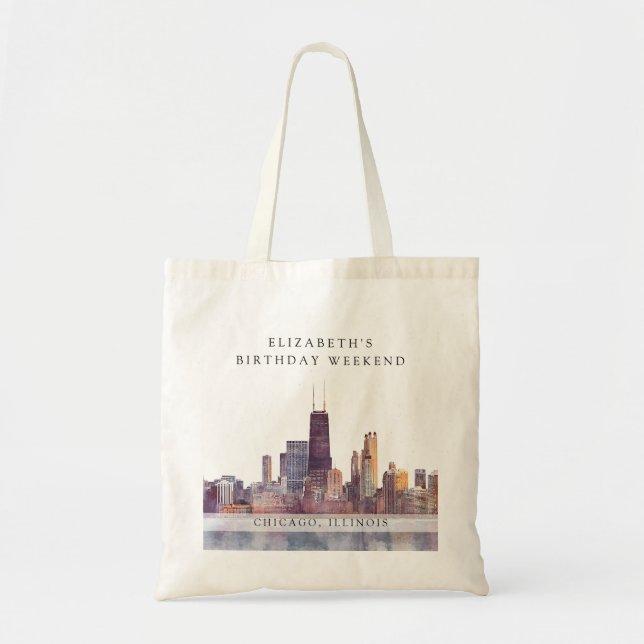 Bolsa Tote Fim de Semana de Aniversário Aquarela Chicago Skyl (Frente)