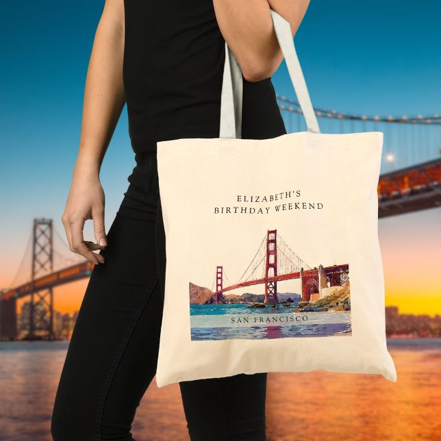 Bolsa Tote Fim de Semana de Aniversário em San Francisco com  (San Francisco Watercolor Birthday Weekend Tote Bag)