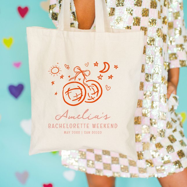 Bolsa Tote Fim de semana de despedida de solteira em desenho  (Pink and red bachelorette party icon illustrations market tote bag.)