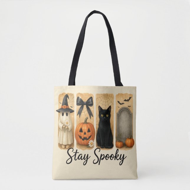 Bolsa Tote "Fique assustado" Pincel de Halloween Cava Gato fe (Frente)