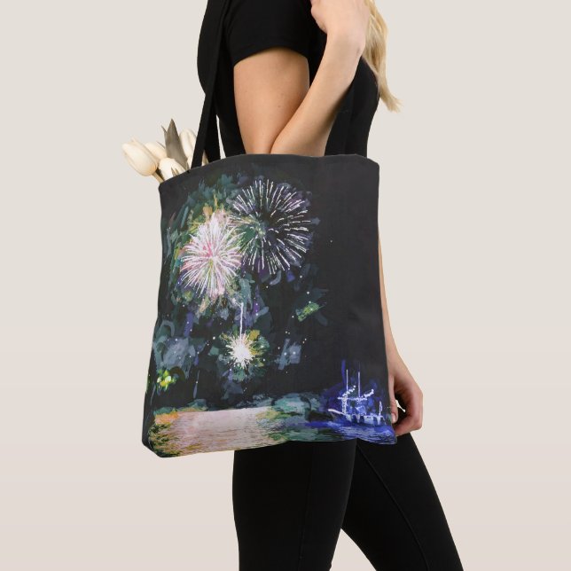 Bolsa Tote Fireworks Boat Artsy Watercolor Ocean (Close Up)