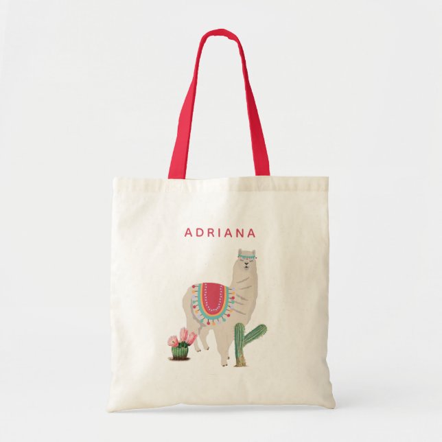 Bolsa Tote Fita Personalizada Fiesta Llama e Cactus (Frente)