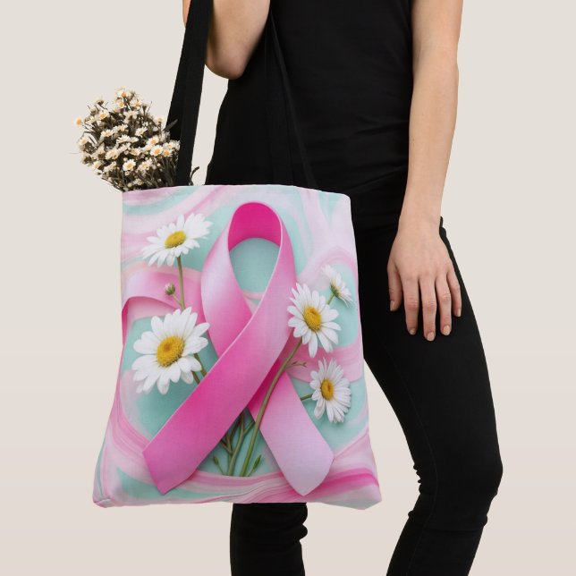Bolsa Tote Fita rosa e consciência do Cancer da maré negra (Close Up)