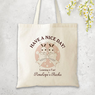 Bolsa Tote Fita Rosa Pastel e Branco com Gêmeos Coelhinhos Fo