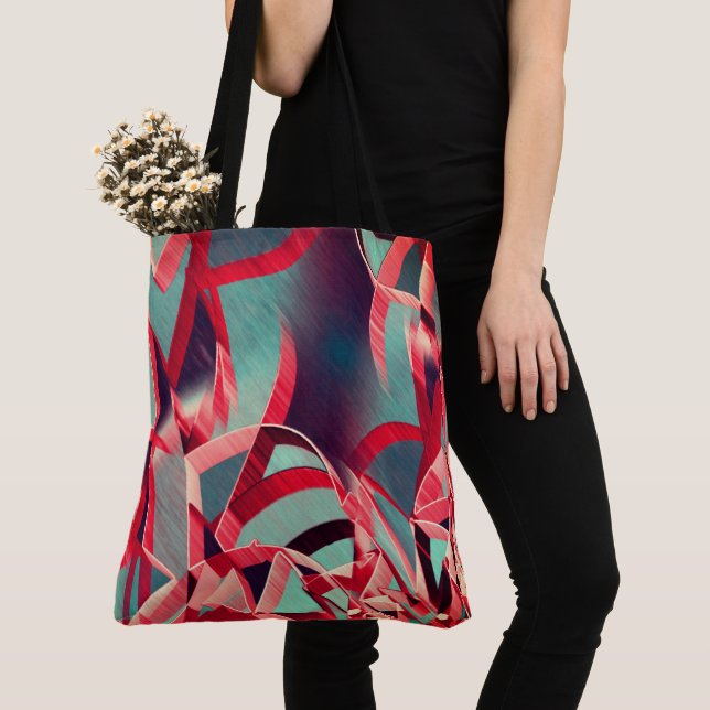 Bolsa Tote Fitas vermelhas curvas sobre cinzas azuladas, perf (Close Up)