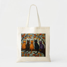 Bolsa Tote Five Cats on a Tree Branch Stained Glass Style