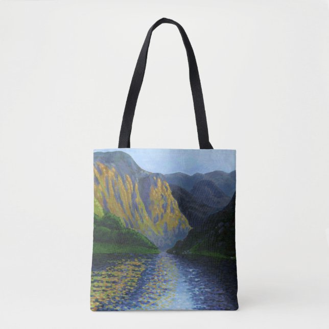 Bolsa Tote Fjord norueguês se aproximando do pôr do sol (Frente)