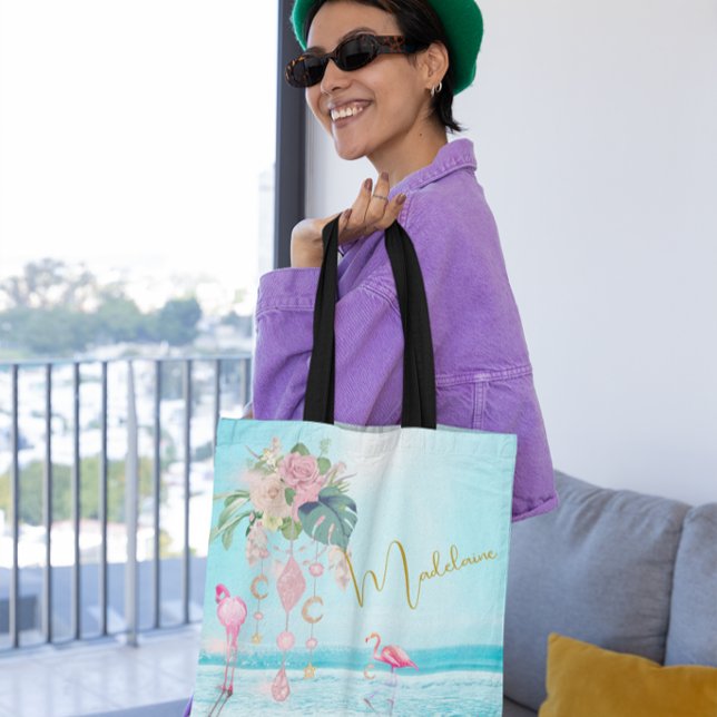 Bolsa Tote Flamingo de Praia Oceano Jóias Rosa Bonito (Criador carregado)