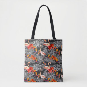 Bolsa Tote Flamingo e flores, padrão monocromático.