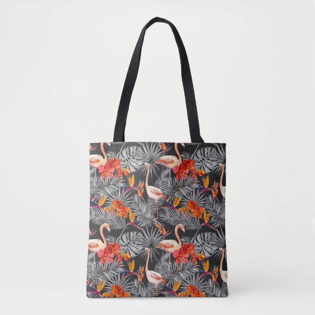 Bolsa Tote Flamingo e flores, padrão monocromático. (Frente)