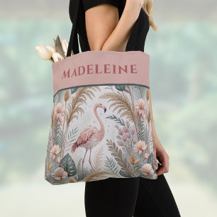 Bolsa Tote Flamingo e Folhagem em Rosa e Sage poeirentos