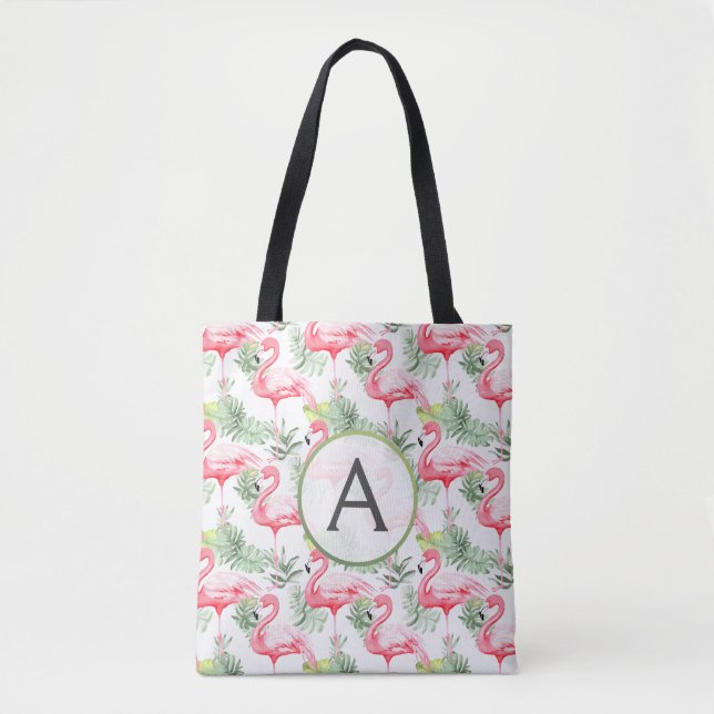 Bolsa Tote Flamingo e Folhas e Monograma Coloridos Tropicais (Frente)