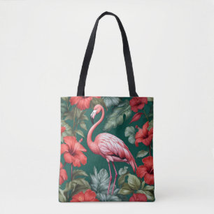 Bolsa Tote Flamingo Hibiscus Flores Emerald Green